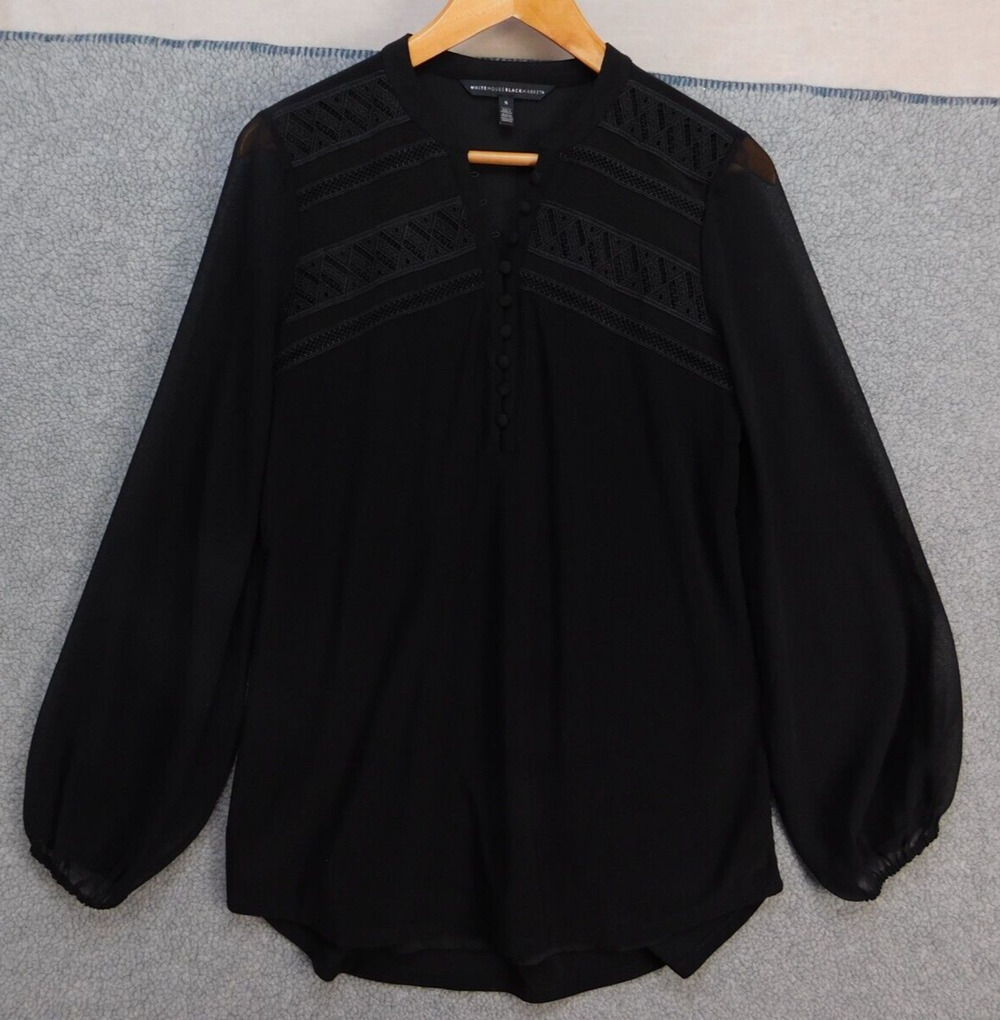 White House Black Market Women's S Long Sleeve Black Lace Boho Button Top